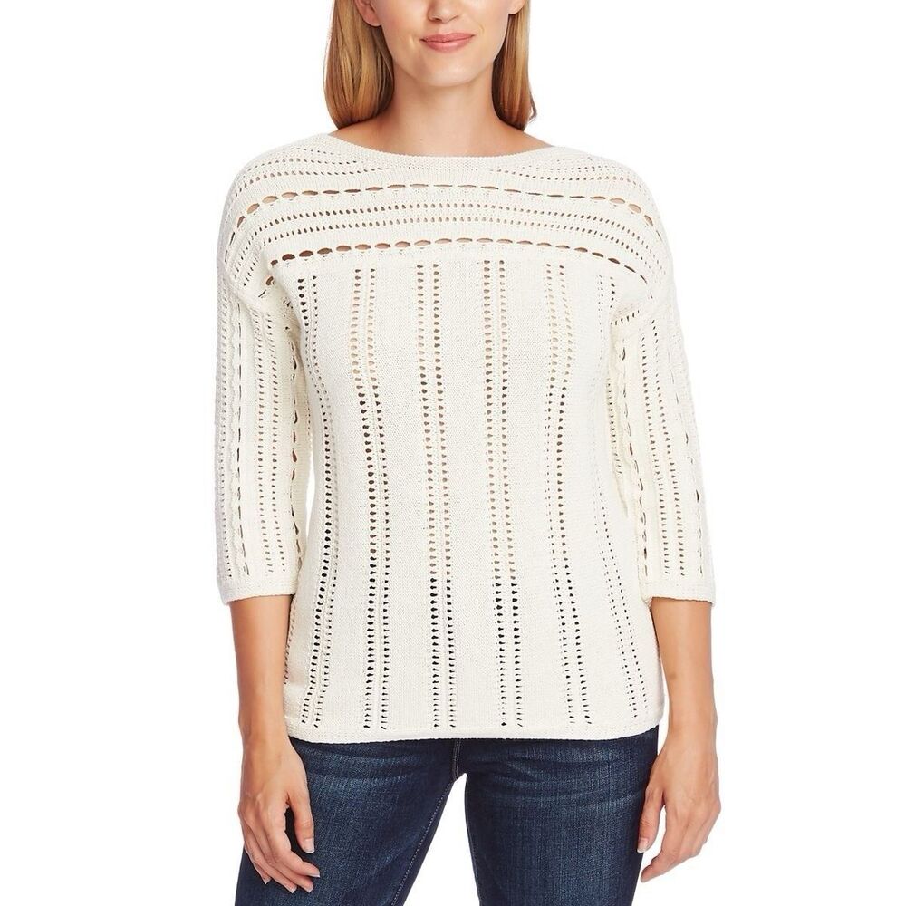 Vince Camuto Sweater Pointelle Open Knit Boat Neck Women Ivory Size 1X NWT
